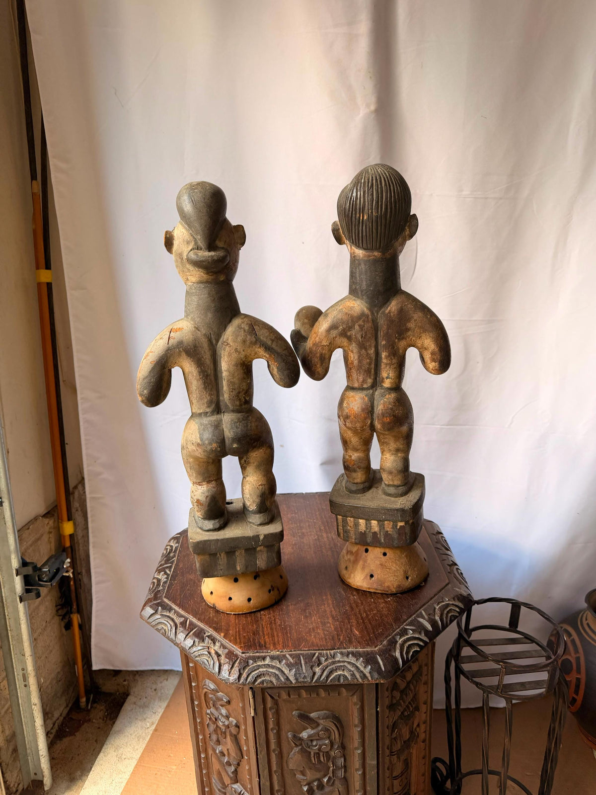 Vintage Igbo Alusi Figure Pair Carved Wood Male Female Skull Statue 22"