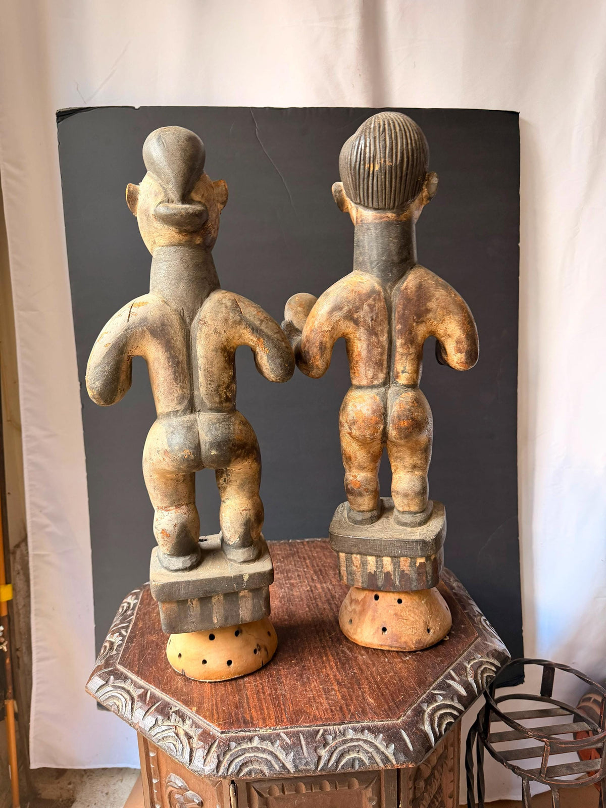 Vintage Igbo Alusi Figure Pair Carved Wood Male Female Skull Statue 22"