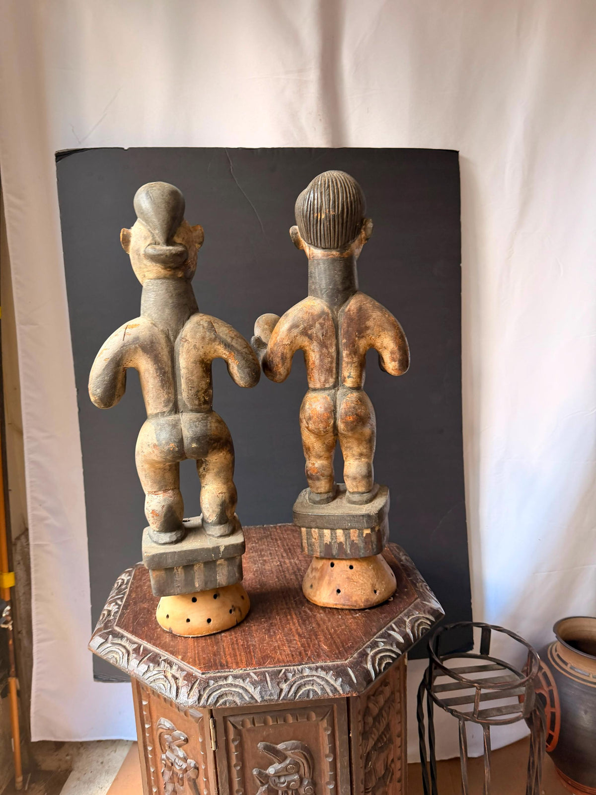 Vintage Igbo Alusi Figure Pair Carved Wood Male Female Skull Statue 22"