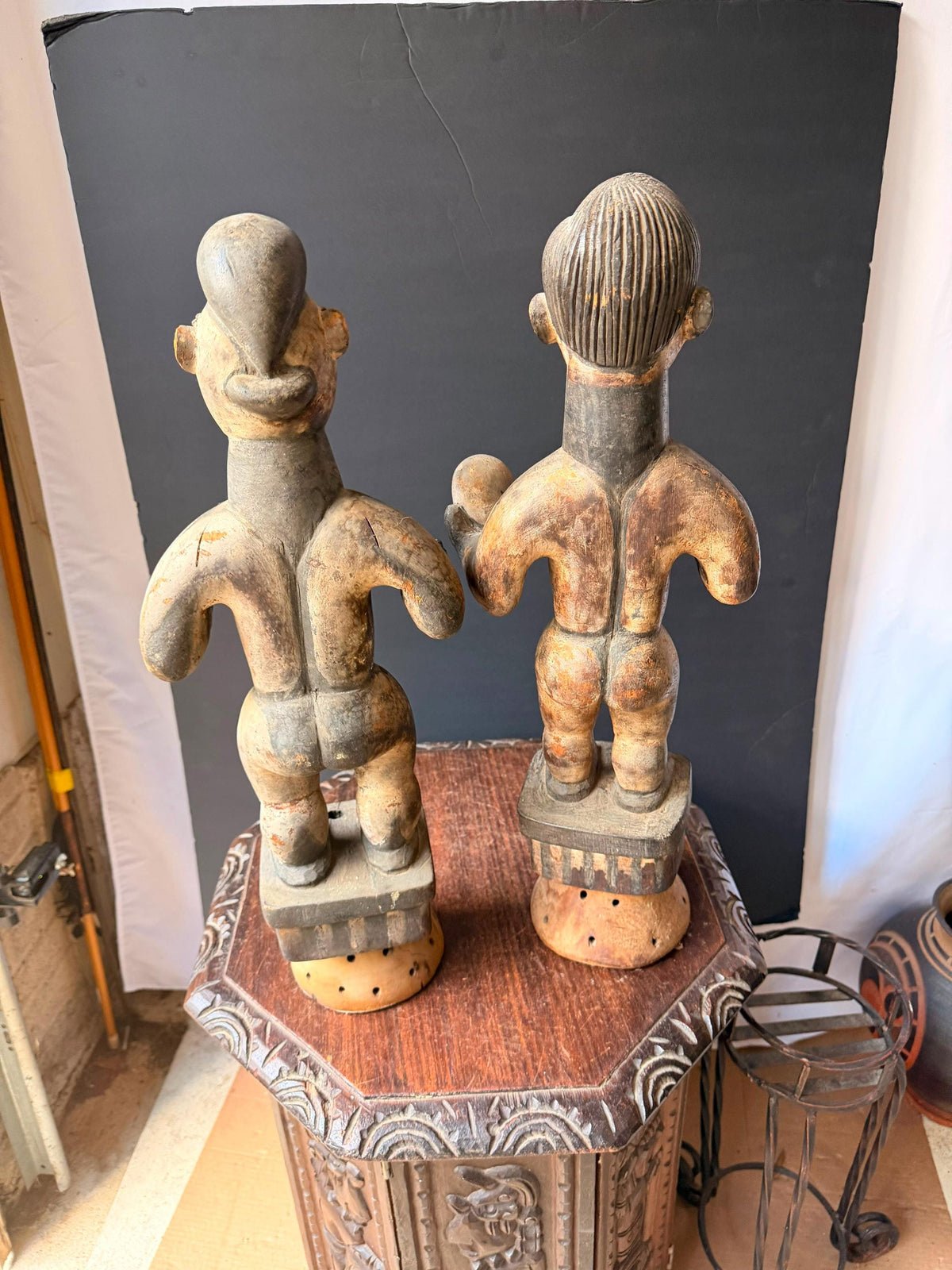 Vintage Igbo Alusi Figure Pair Carved Wood Male Female Skull Statue 22"