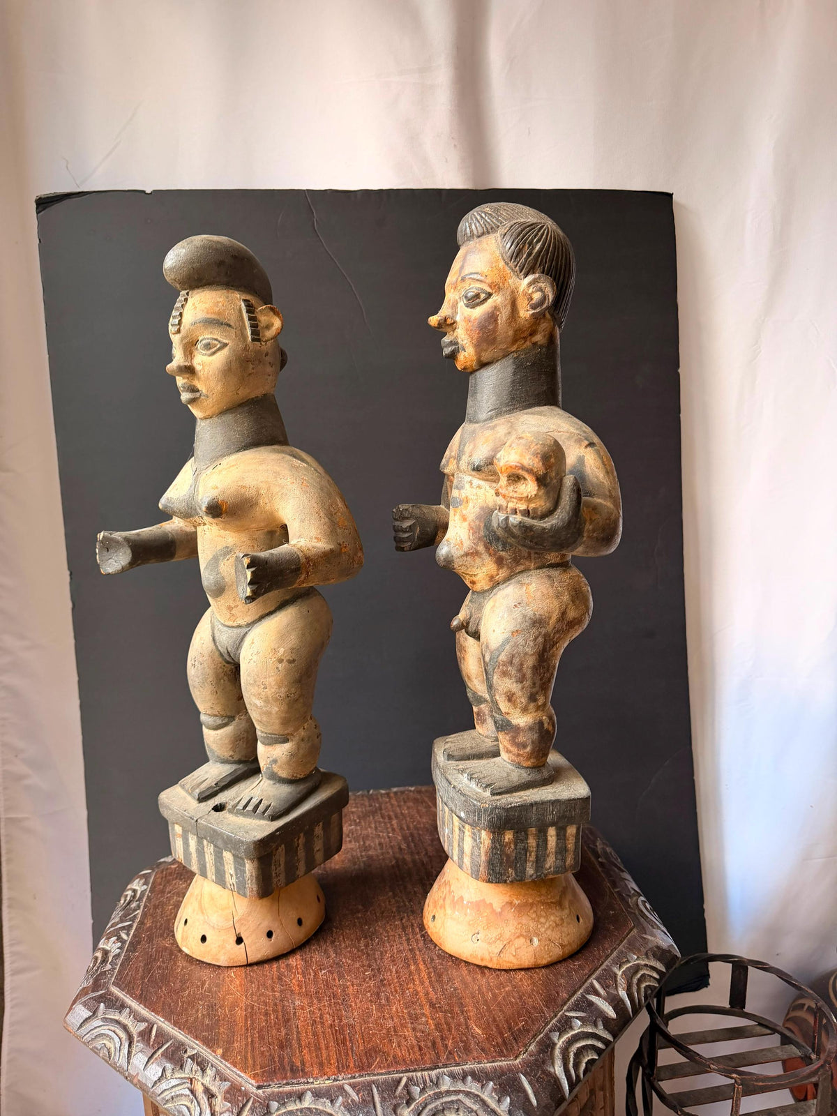 Vintage Igbo Alusi Figure Pair Carved Wood Male Female Skull Statue 22"