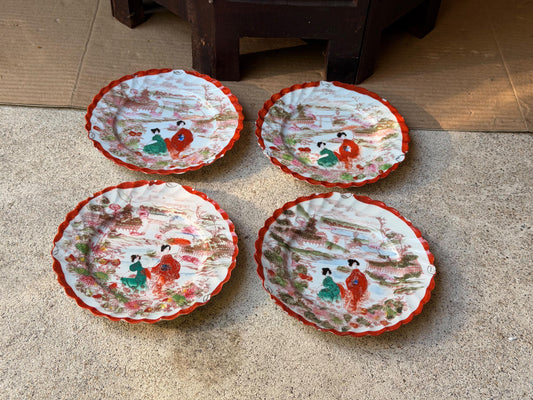 Vintage Japanese Porcelain Plates Set of 4 Geisha Bijin Scalloped Rim 6.2"