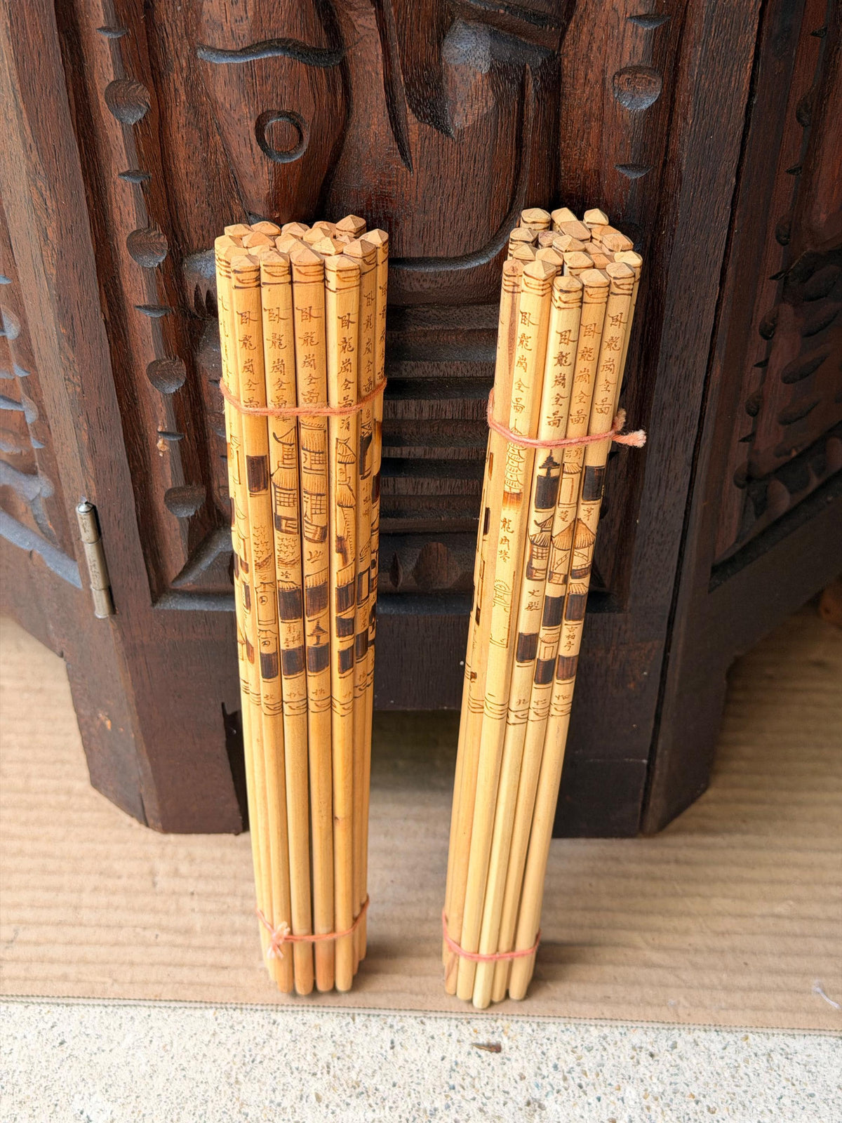 Vintage Chinese Pyrography Bamboo Chopstick Bundles Etched Landscape Art