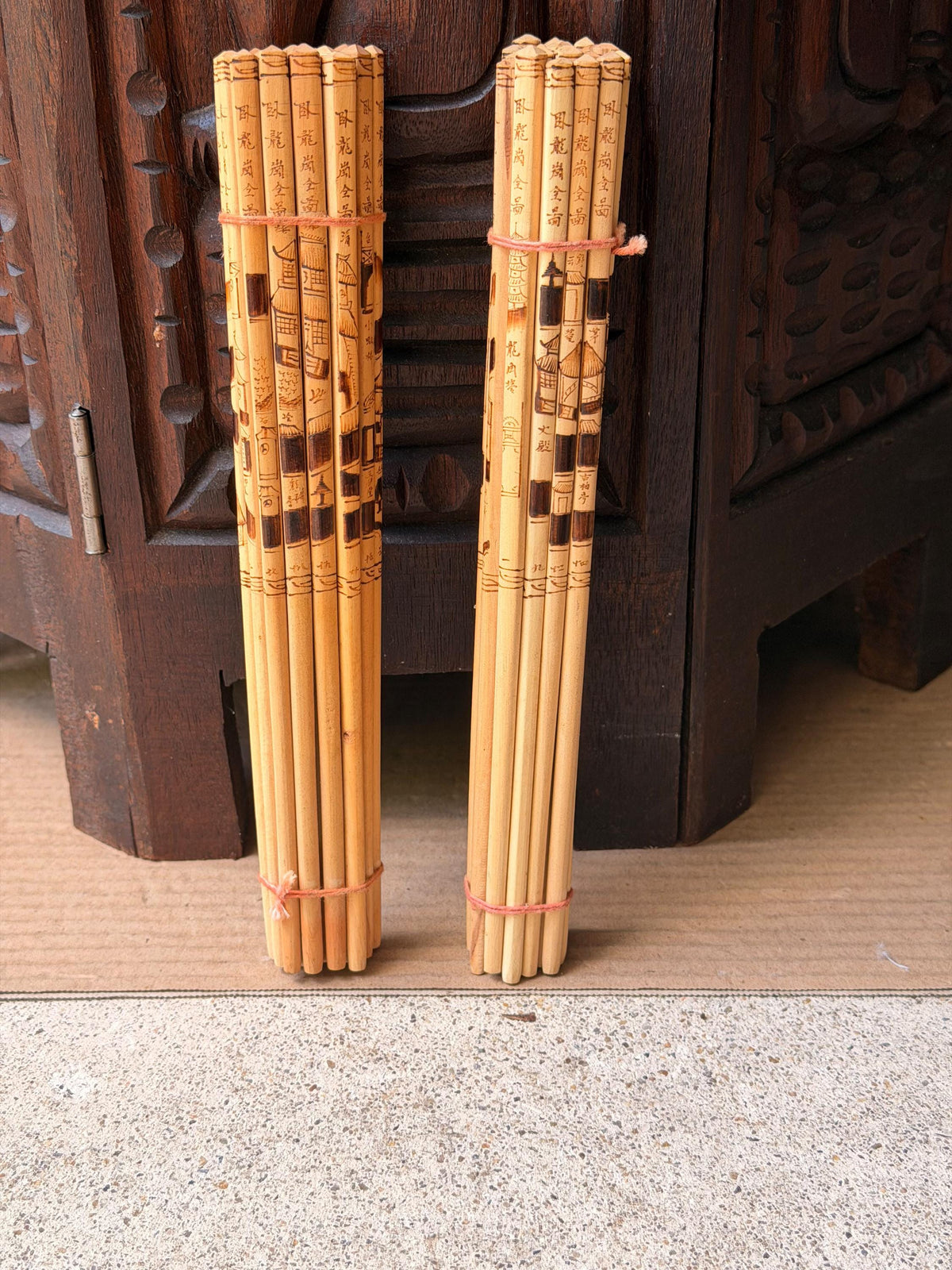 Vintage Chinese Pyrography Bamboo Chopstick Bundles Etched Landscape Art