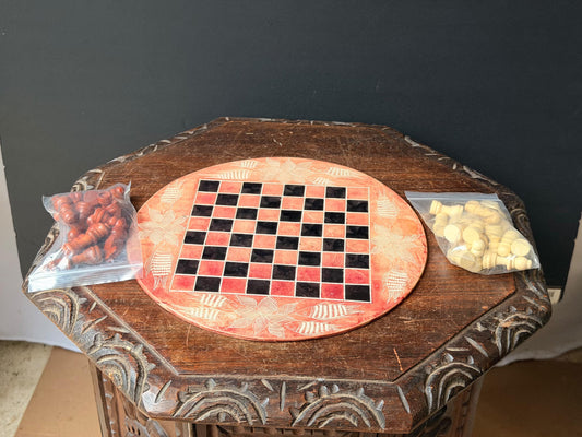 Vintage Soapstone Round Chess Board Set 11" Hand Carved East African Folk Art