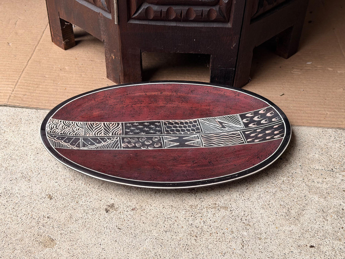 Vintage Hand Carved Soapstone Oval Tray Etched East African Folk Art Platter 12"