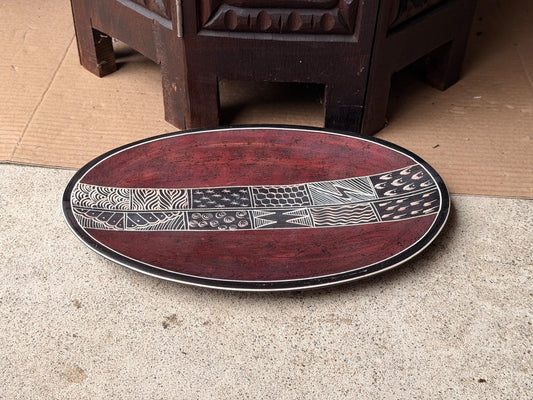 Vintage Hand Carved Soapstone Oval Tray Etched East African Folk Art Platter 12"
