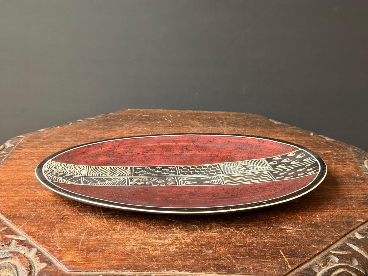 Vintage Hand Carved Soapstone Oval Tray Etched East African Folk Art Platter 12"