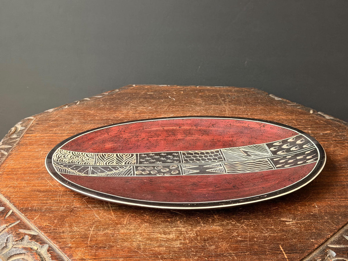 Vintage Hand Carved Soapstone Oval Tray Etched East African Folk Art Platter 12"