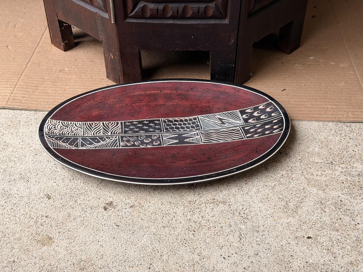 Vintage Hand Carved Soapstone Oval Tray Etched East African Folk Art Platter 12"