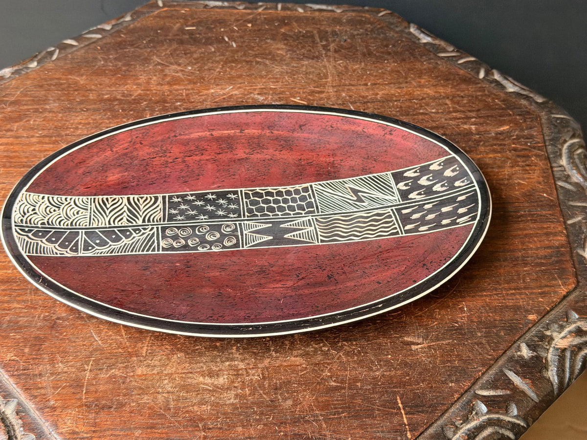 Vintage Hand Carved Soapstone Oval Tray Etched East African Folk Art Platter 12"