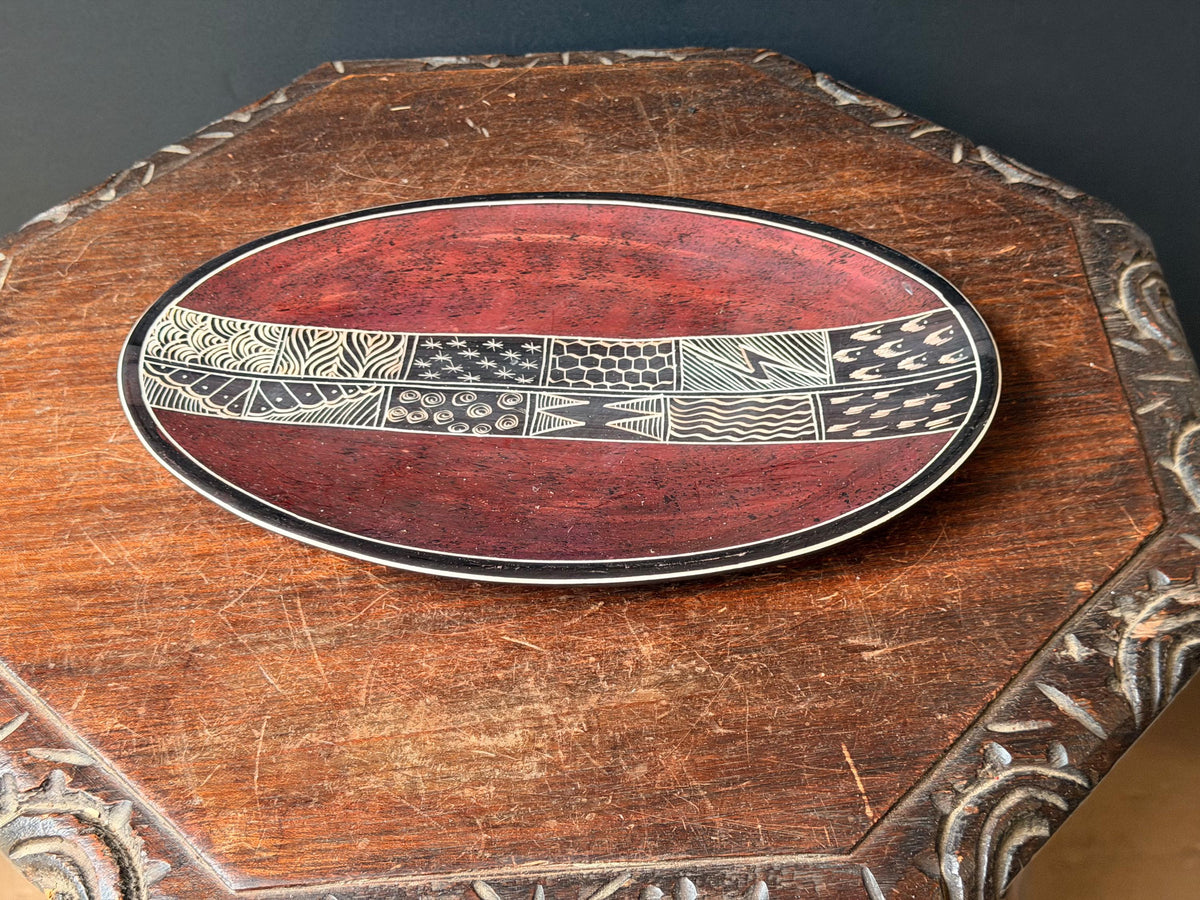 Vintage Hand Carved Soapstone Oval Tray Etched East African Folk Art Platter 12"