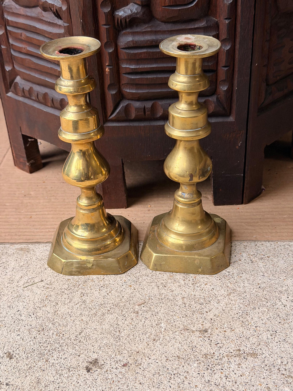 Antique Cast Brass Candlesticks Pair Octagonal Base Georgian Style 8"