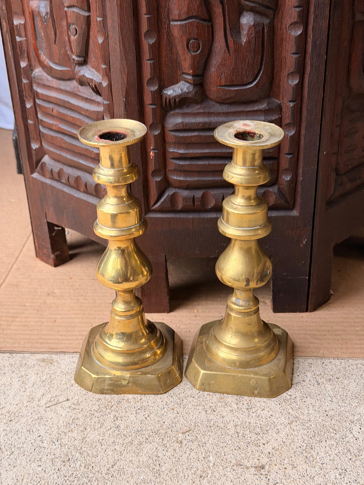Antique Cast Brass Candlesticks Pair Octagonal Base Georgian Style 8"