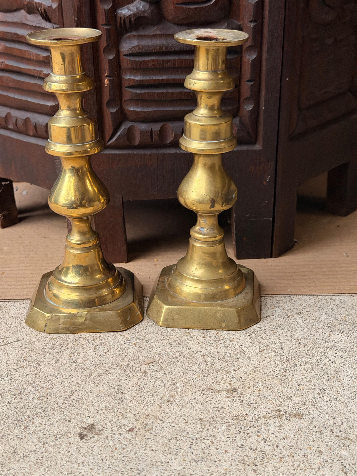 Antique Cast Brass Candlesticks Pair Octagonal Base Georgian Style 8"