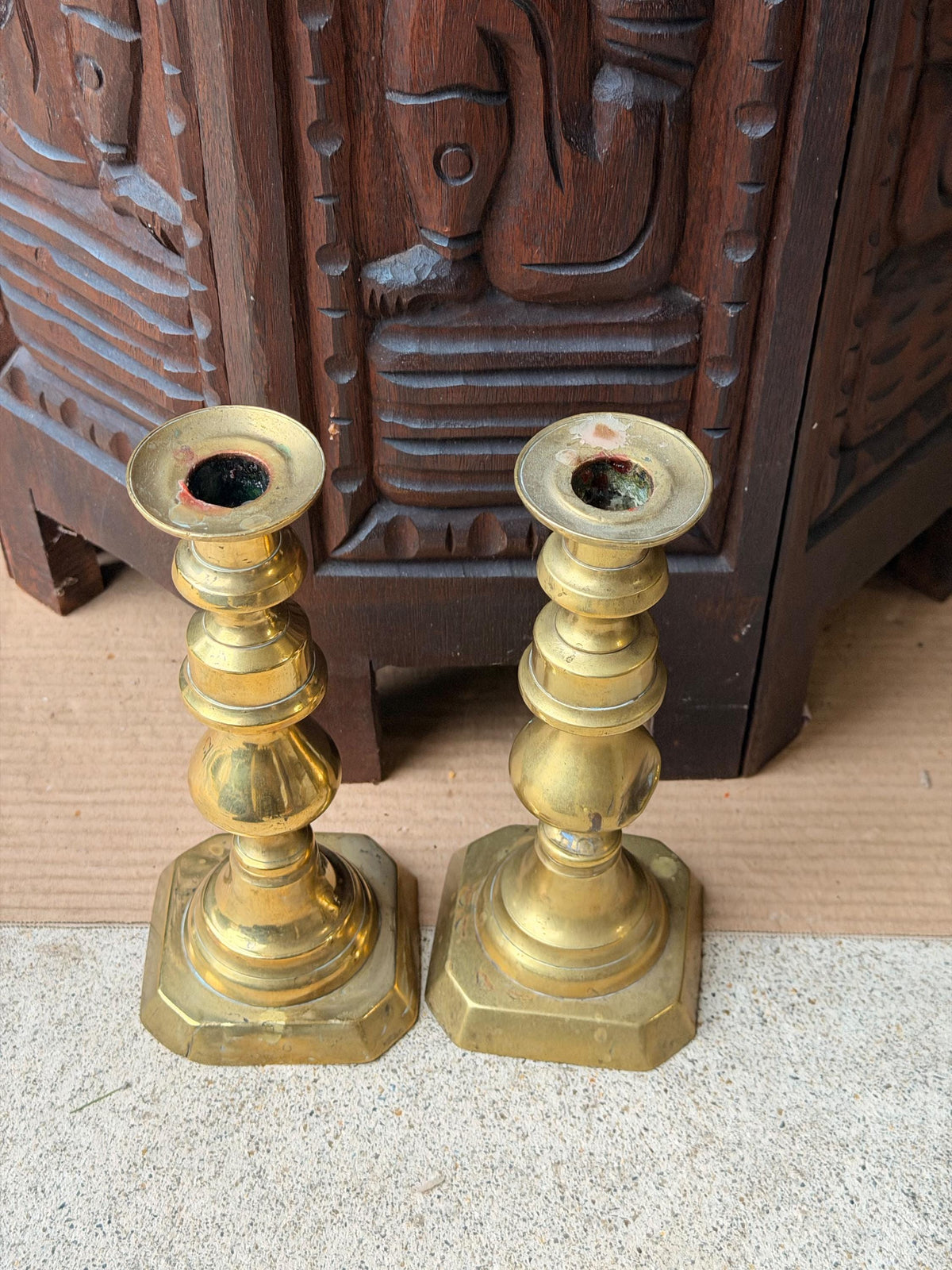 Antique Cast Brass Candlesticks Pair Octagonal Base Georgian Style 8"