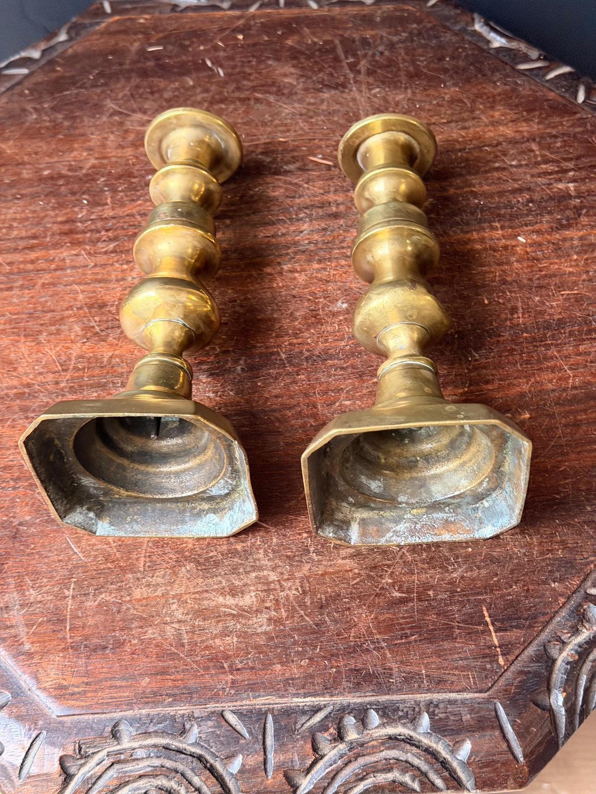 Antique Cast Brass Candlesticks Pair Octagonal Base Georgian Style 8"