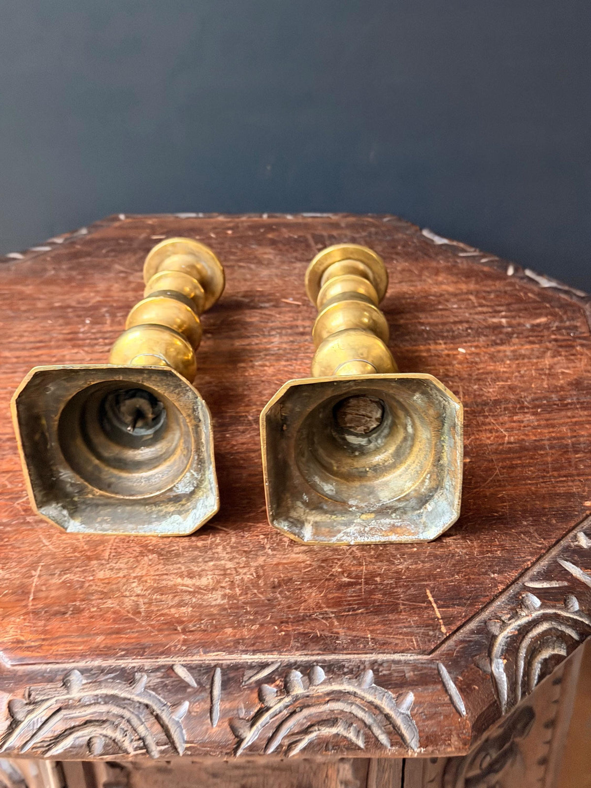 Antique Cast Brass Candlesticks Pair Octagonal Base Georgian Style 8"