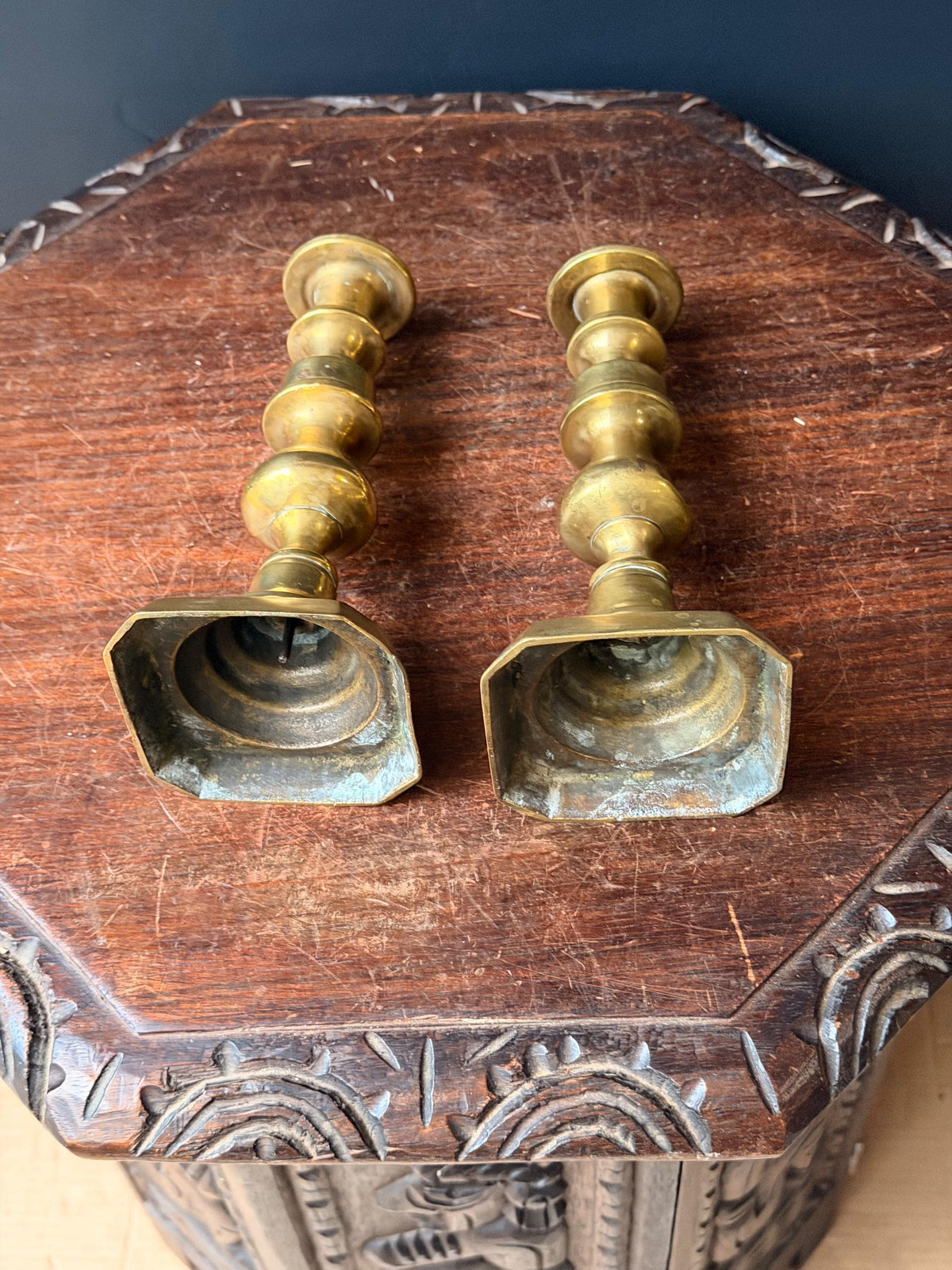 Antique Cast Brass Candlesticks Pair Octagonal Base Georgian Style 8"