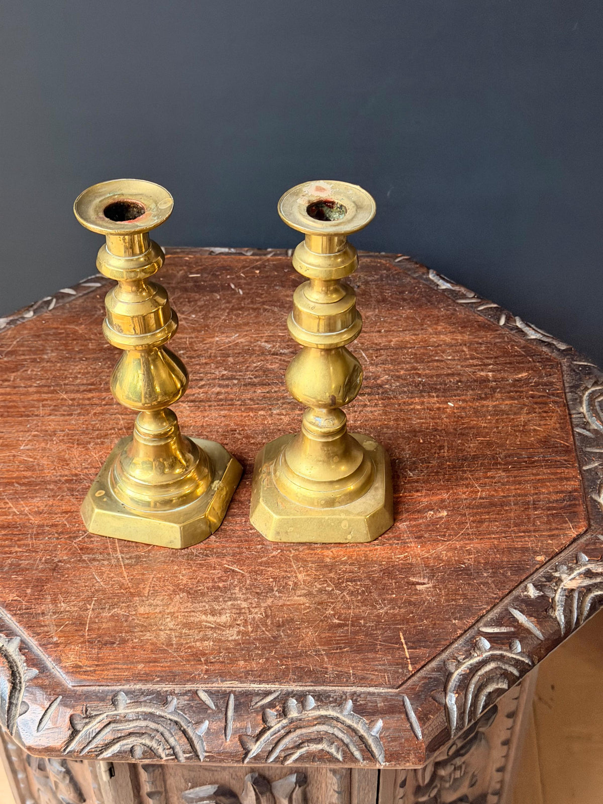 Antique Cast Brass Candlesticks Pair Octagonal Base Georgian Style 8"