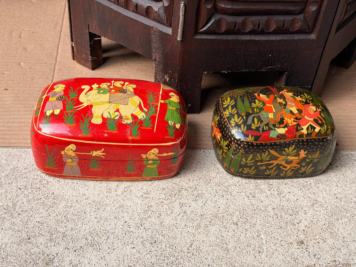 Vintage Indian Hand Painted Lacquer Wood Box Set Royal Procession 6"