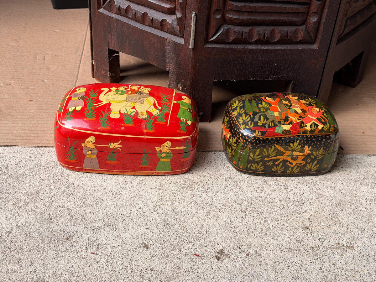 Vintage Indian Hand Painted Lacquer Wood Box Set Royal Procession 6"