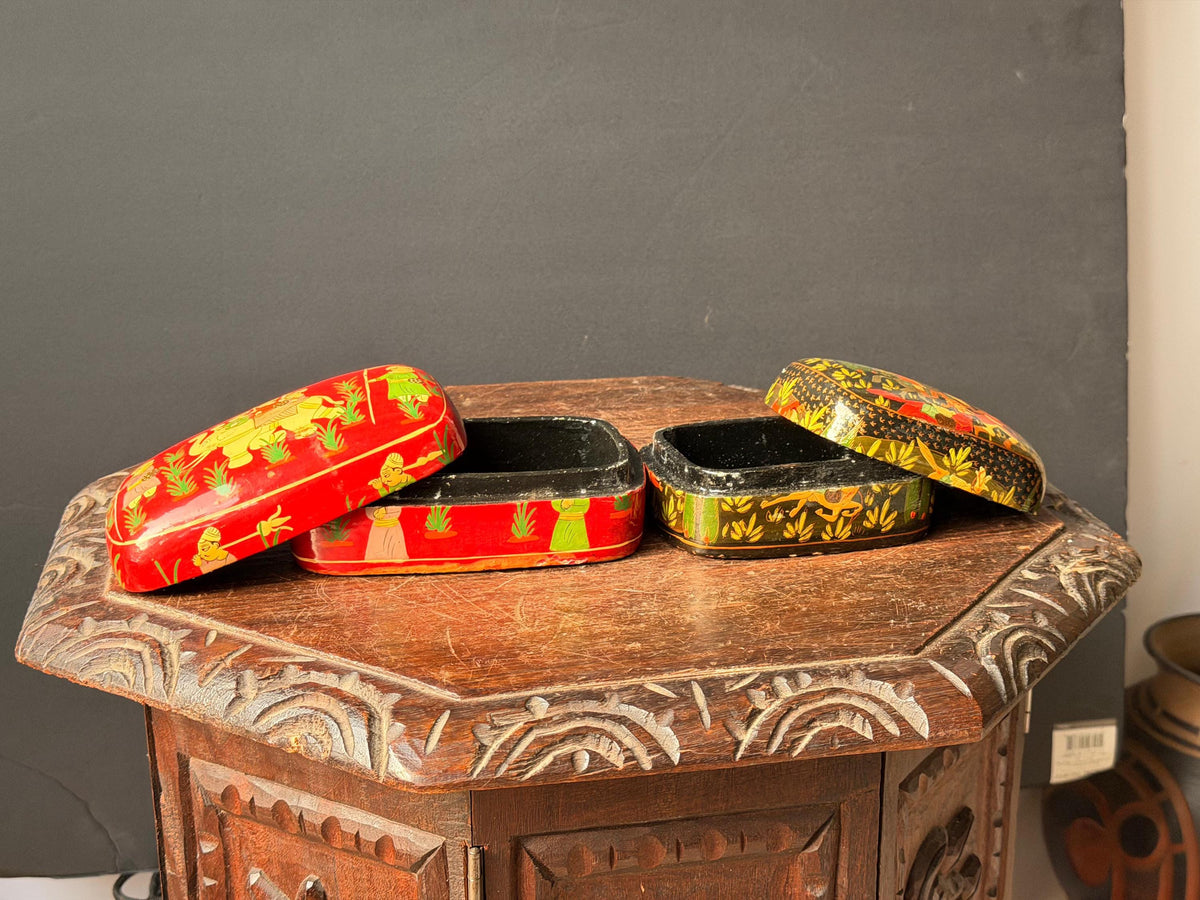 Vintage Indian Hand Painted Lacquer Wood Box Set Royal Procession 6"