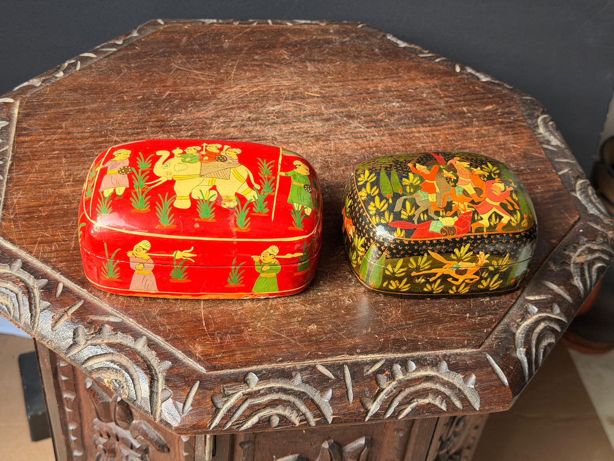 Vintage Indian Hand Painted Lacquer Wood Box Set Royal Procession 6"