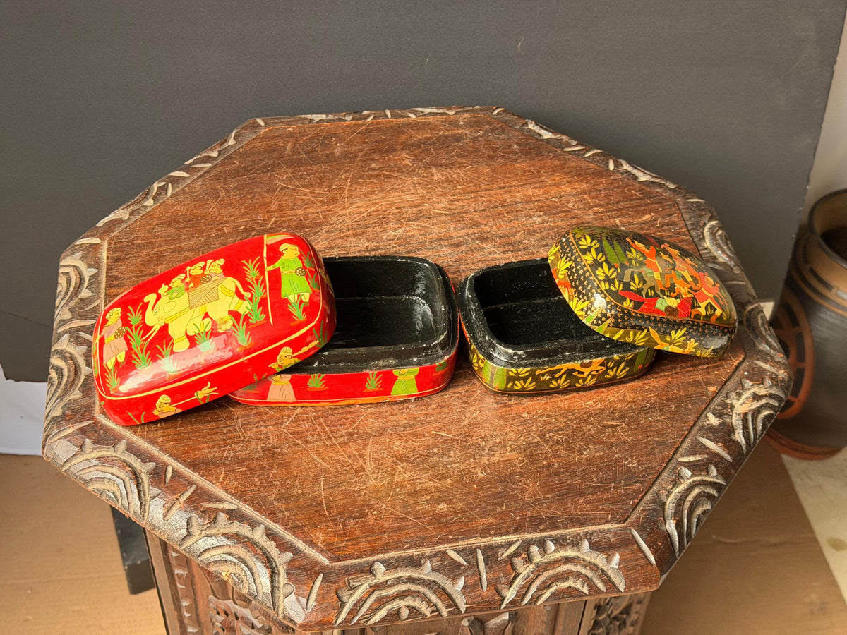 Vintage Indian Hand Painted Lacquer Wood Box Set Royal Procession 6"