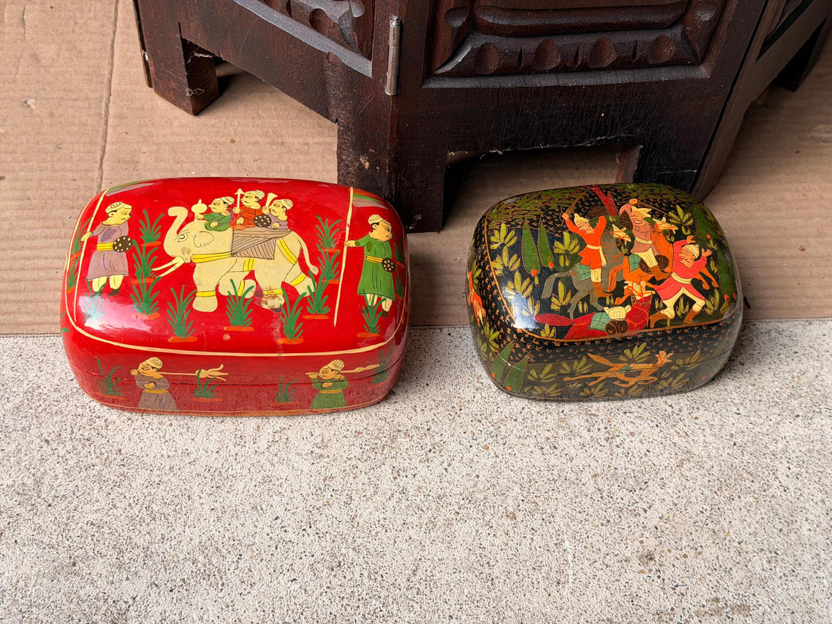 Vintage Indian Hand Painted Lacquer Wood Box Set Royal Procession 6"