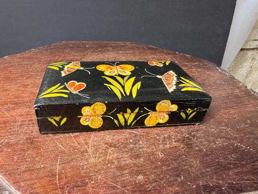 Vintage Indian Hand Painted Lacquer Wood Butterfly Trinket Box 7" Decor