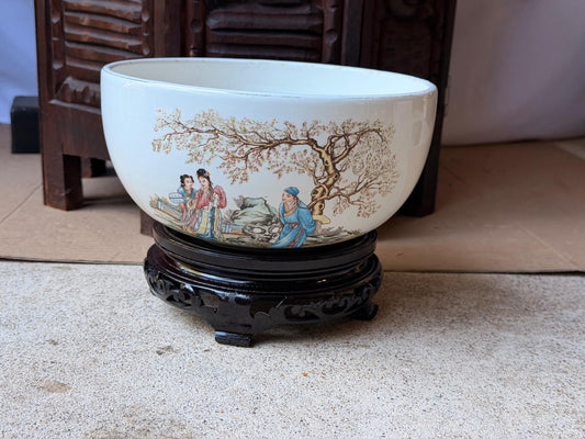 Vintage Chinese Porcelain Bowl Scholars Calligraphy Carved Wood Stand 8.3 Inches