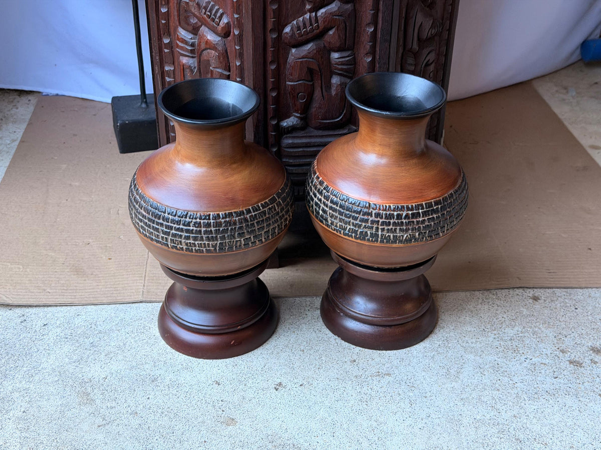 Pair Vintage MCM Brutalist Ceramic Vases Incised Studio Pottery Stand 8"