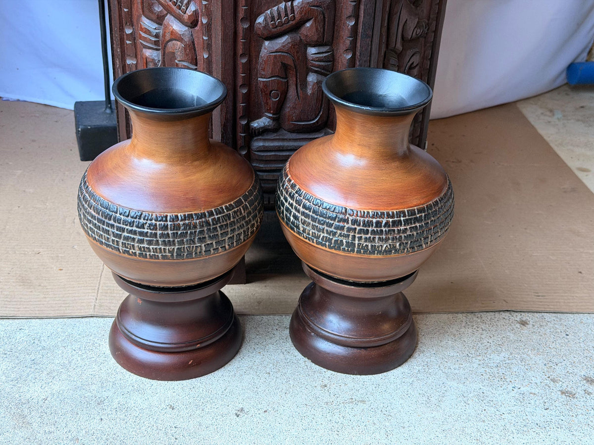 Pair Vintage MCM Brutalist Ceramic Vases Incised Studio Pottery Stand 8"