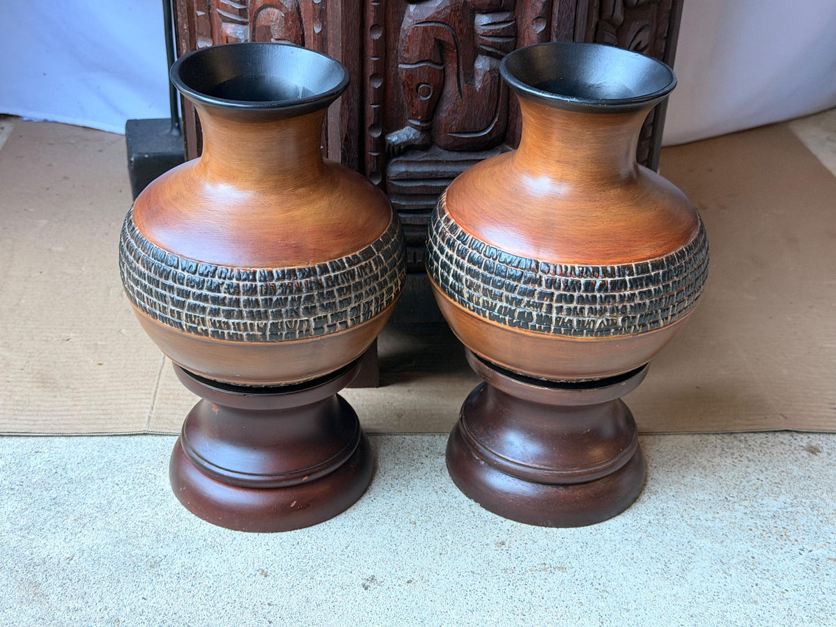 Pair Vintage MCM Brutalist Ceramic Vases Incised Studio Pottery Stand 8"