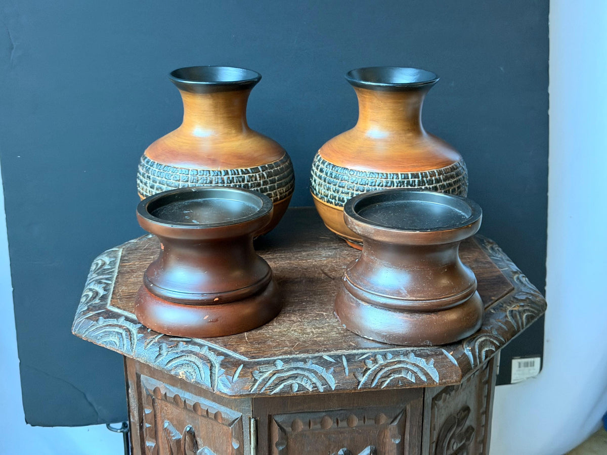 Pair Vintage MCM Brutalist Ceramic Vases Incised Studio Pottery Stand 8"