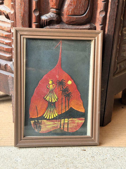 Framed Hand Painted Skeleton Leaf Art Tropical Sunset Silhouette Miniature 8x6