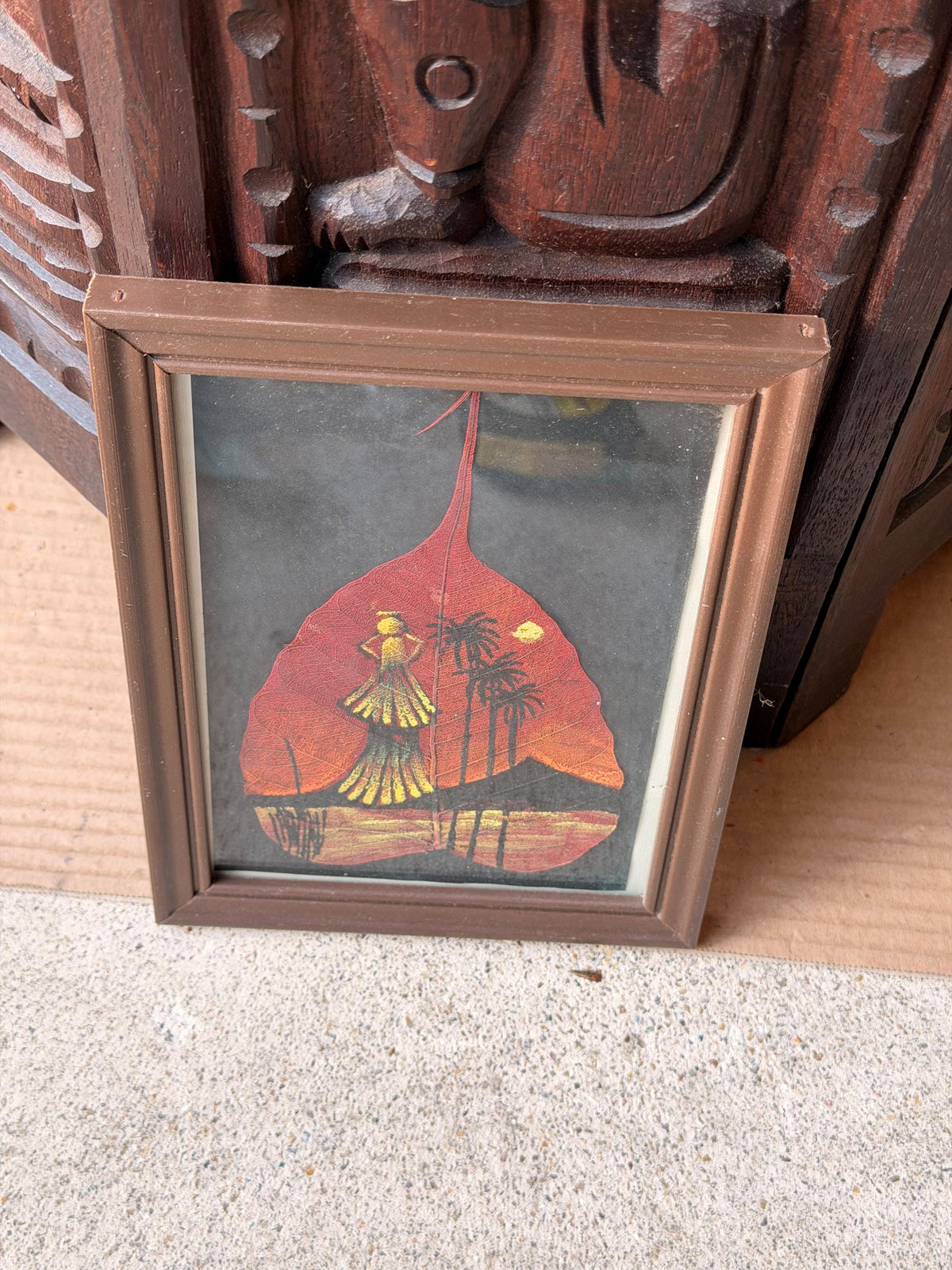 Framed Hand Painted Skeleton Leaf Art Tropical Sunset Silhouette Miniature 8x6