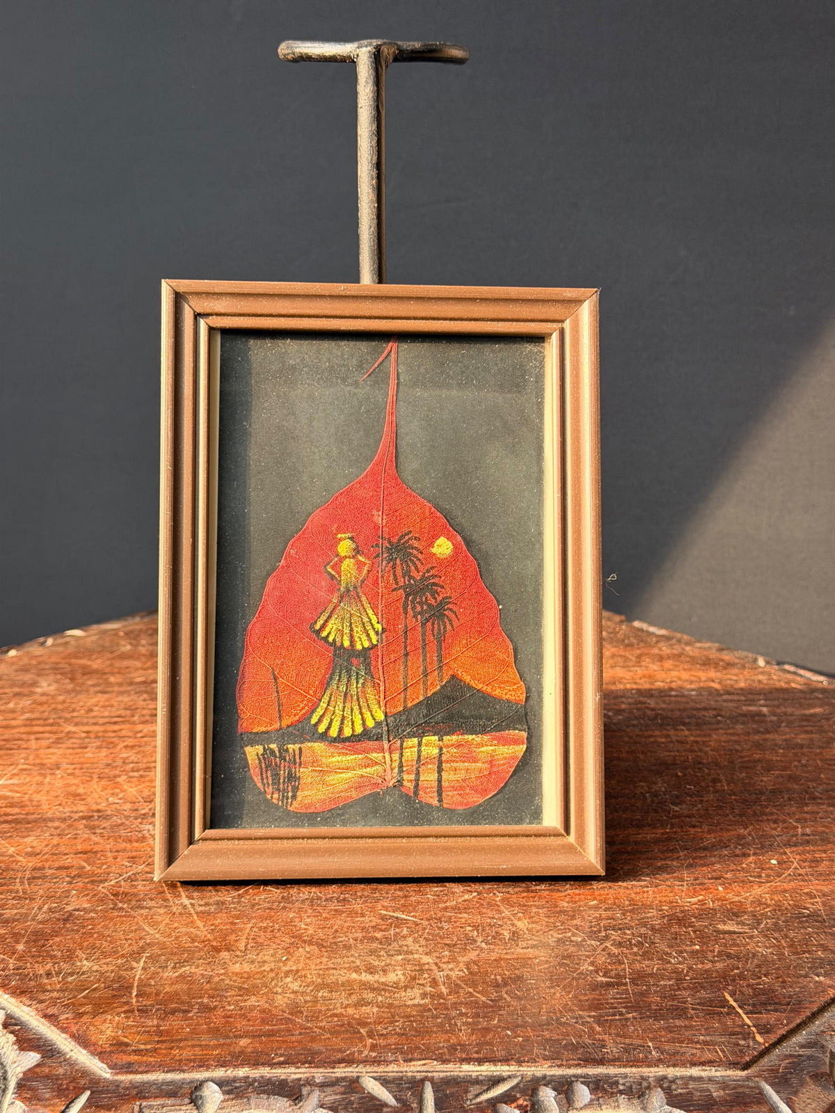 Framed Hand Painted Skeleton Leaf Art Tropical Sunset Silhouette Miniature 8x6