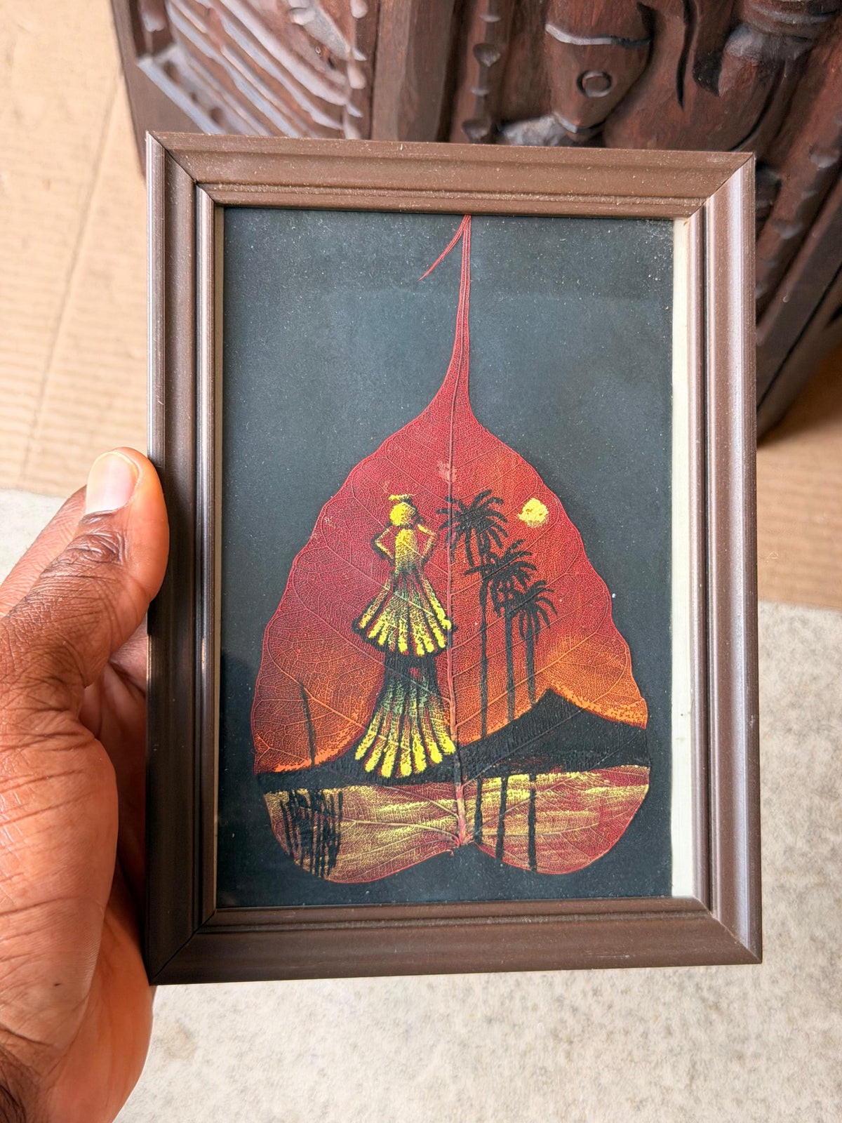 Framed Hand Painted Skeleton Leaf Art Tropical Sunset Silhouette Miniature 8x6