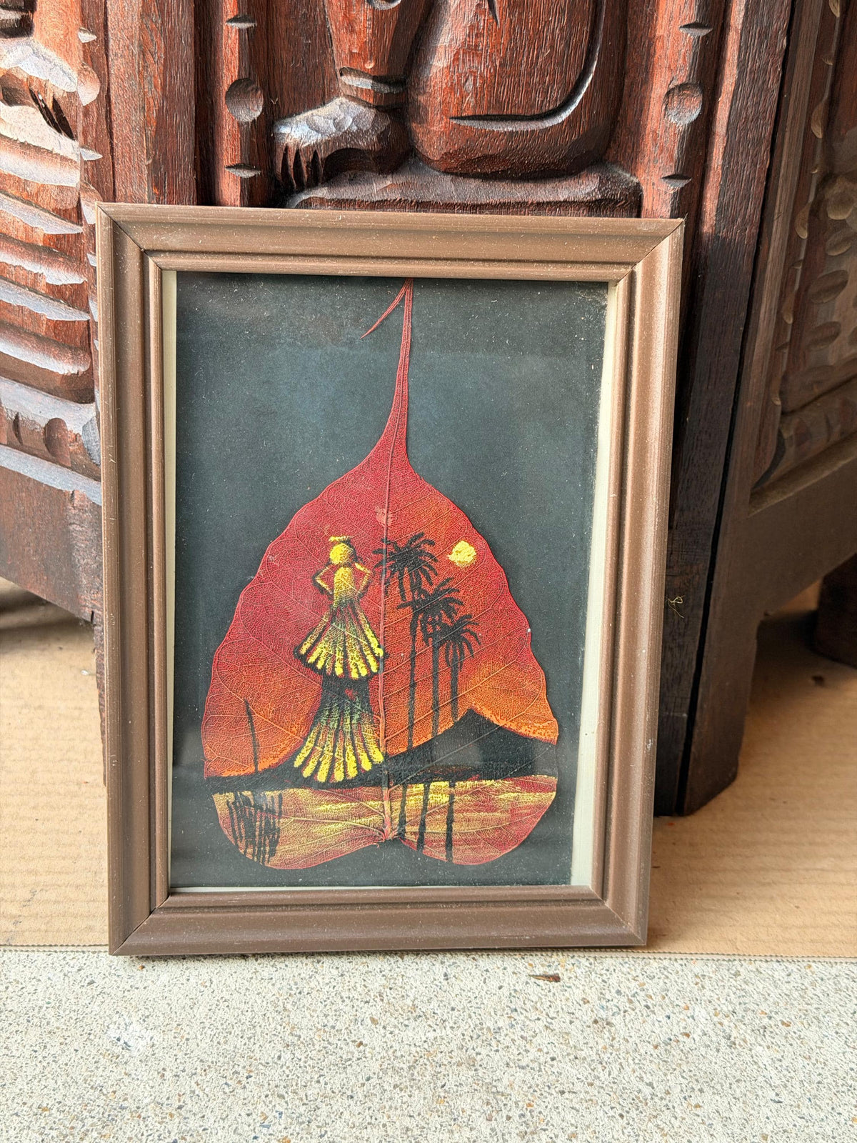 Framed Hand Painted Skeleton Leaf Art Tropical Sunset Silhouette Miniature 8x6