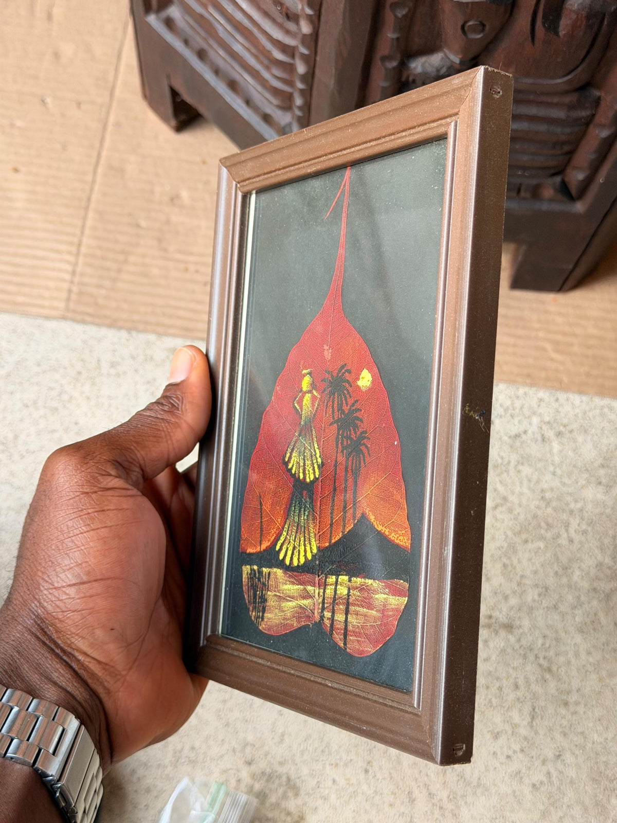 Framed Hand Painted Skeleton Leaf Art Tropical Sunset Silhouette Miniature 8x6