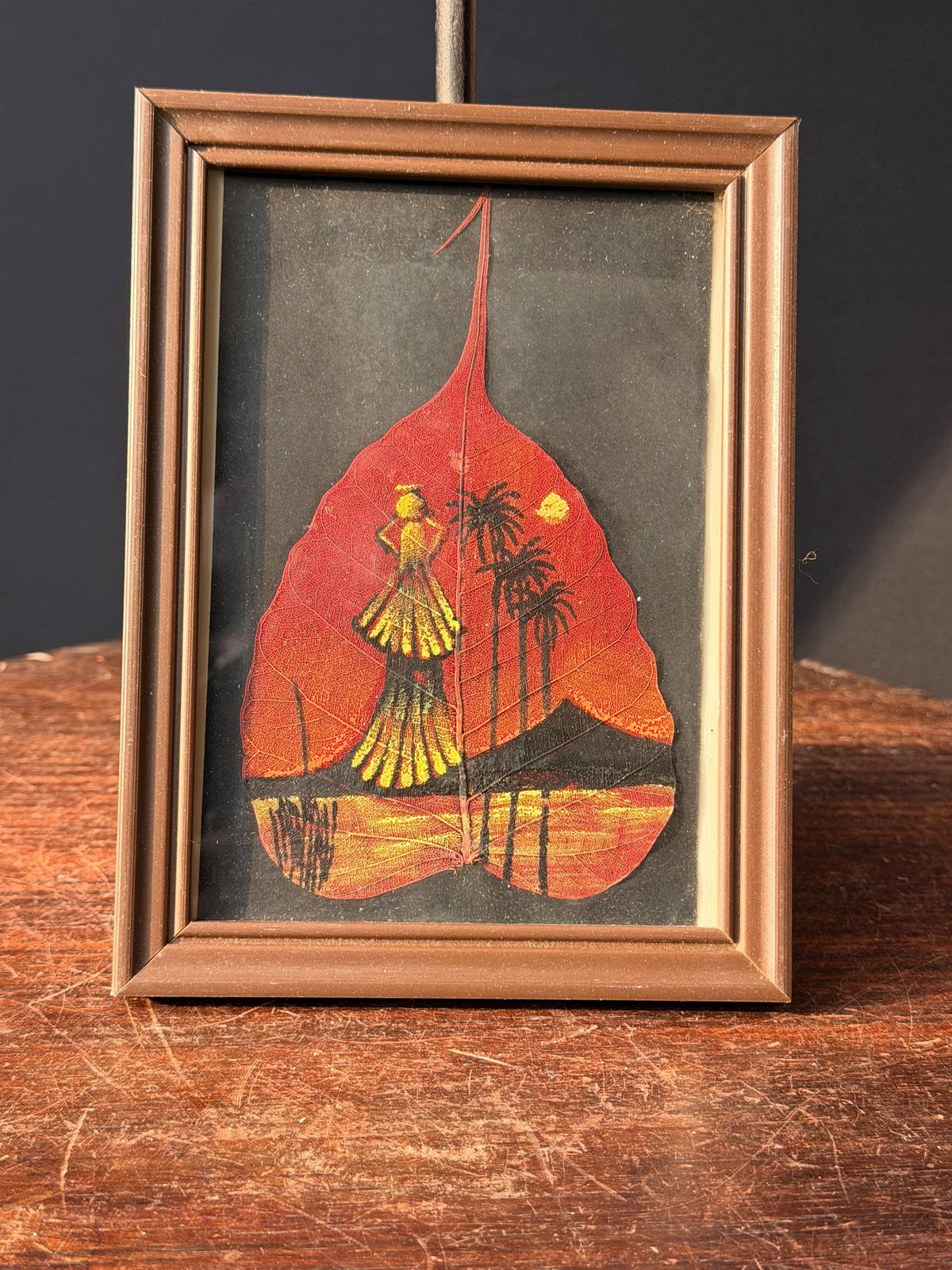 Framed Hand Painted Skeleton Leaf Art Tropical Sunset Silhouette Miniature 8x6