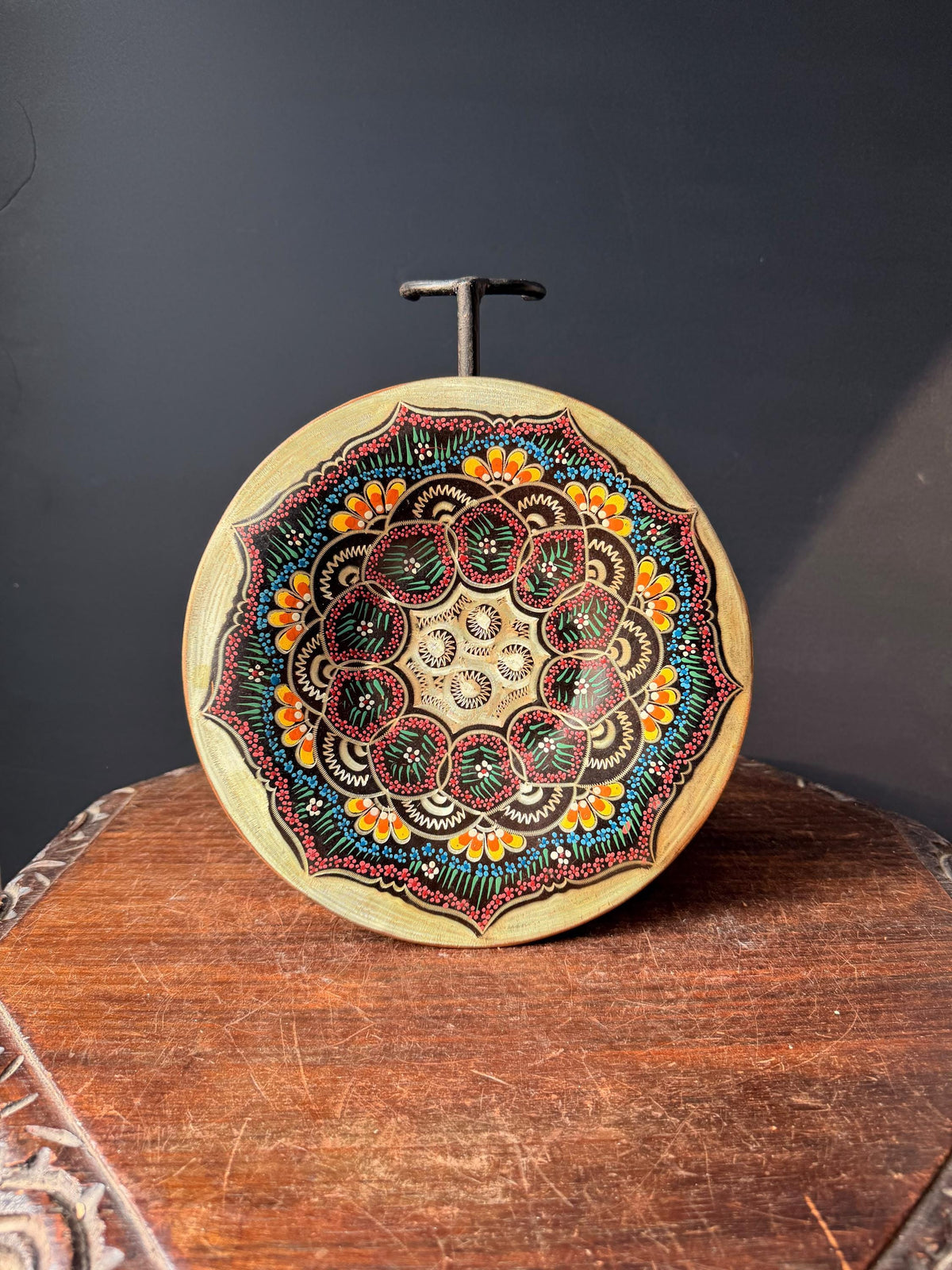 Vintage Hand Engraved Copper Wall Plaque Hand Painted Mandala Metal Dish 9.5
