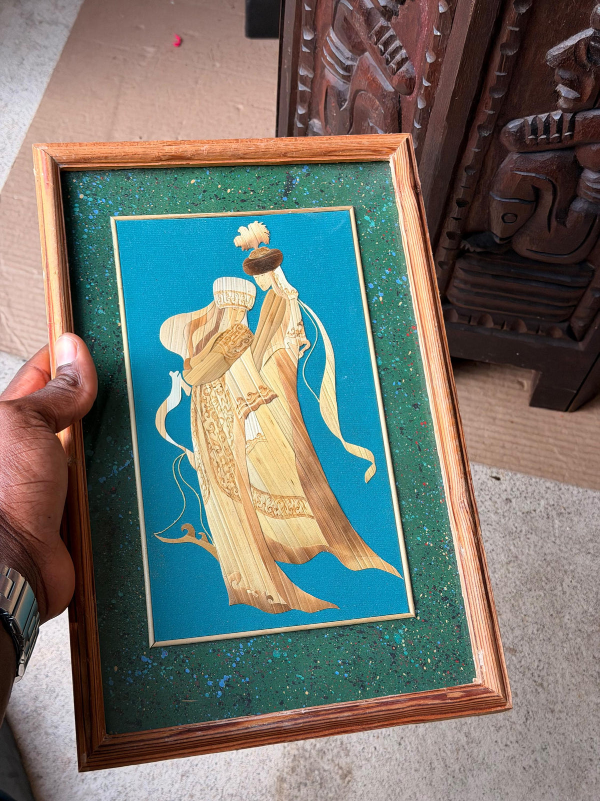 Kyrgyz Straw Marquetry Art Vintage Central Asian Nomad Couple Framed