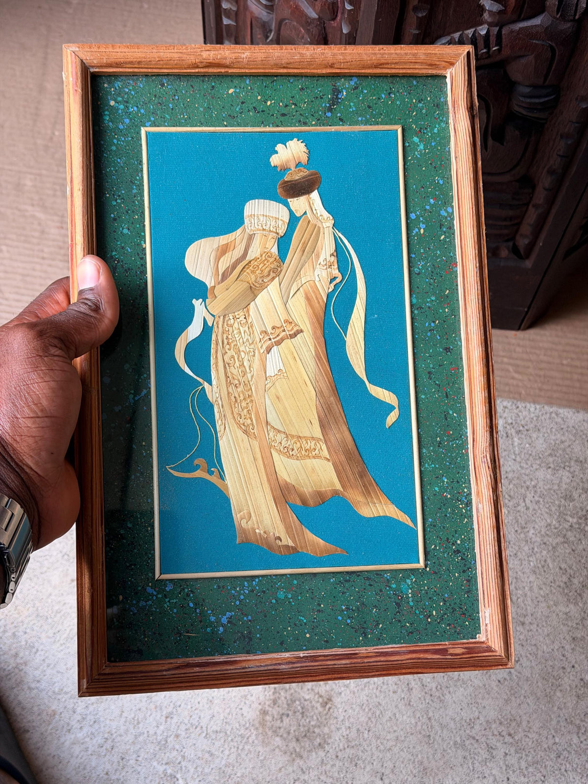 Kyrgyz Straw Marquetry Art Vintage Central Asian Nomad Couple Framed