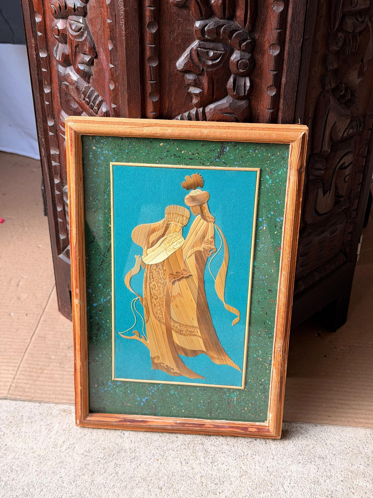 Kyrgyz Straw Marquetry Art Vintage Central Asian Nomad Couple Framed
