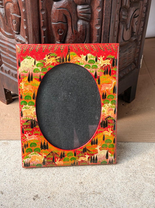 Vintage Kashmiri Hand Painted Wood Photo Frame Red Deer Rabbit Oval 10x8