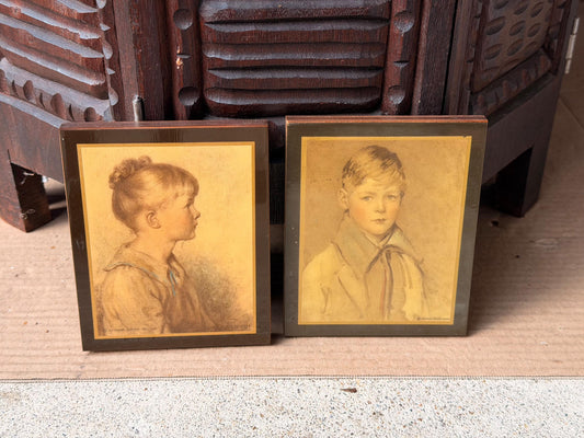 Vintage Pyraglass Edward Gross Children Portrait Wood Plaque Art Pair 5x4