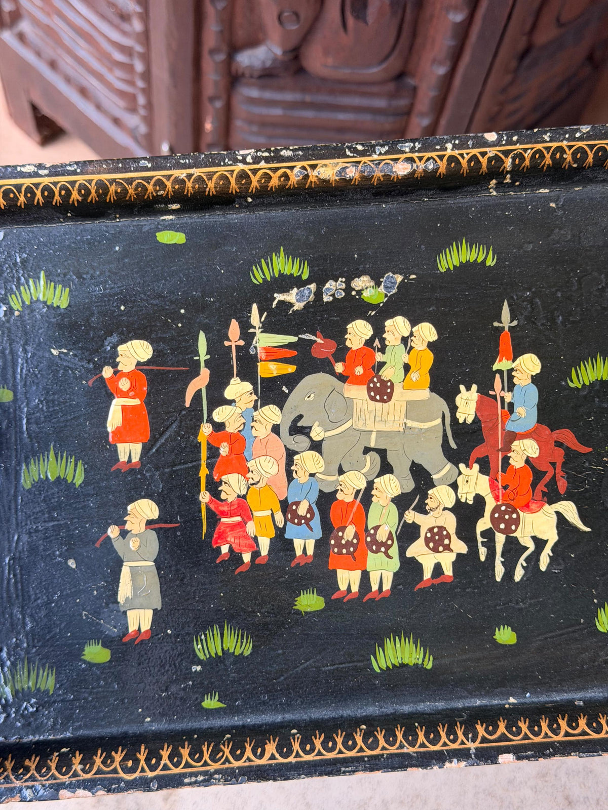 Vintage Hand Painted Lacquer Wood Box Equestrian Hunt Scene Keepsake 12x10